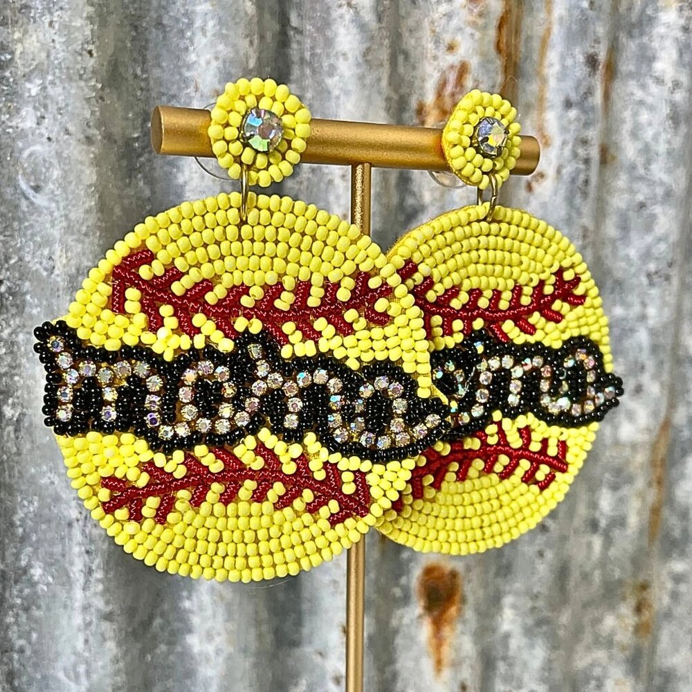 Softball MAMA Mom NEW Sporty Rhinestone Bling Seed Beaded Statement Earrings